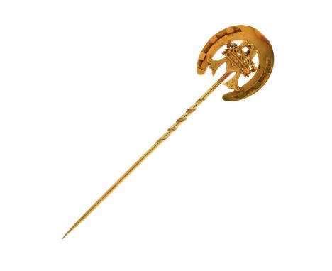 Gold stick pin, with horseshoe motif, crown and initial 'M', unmarked, yellow metal pin, 20mm wide approx, 9g gross approx, i