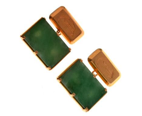 Pair of unmarked yellow metal and jade cufflinks, early 20th century, each with green jadeite rectangular matrix, 20mm x 13mm