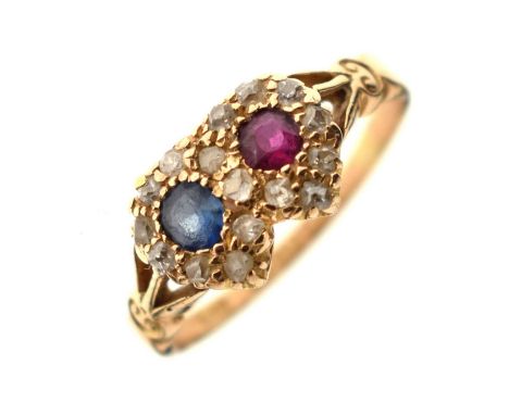 Late Victorian ruby, sapphire and diamond 18ct gold double heart ring, the round old cut ruby measuring approx 3.0mm x 3.0mm 