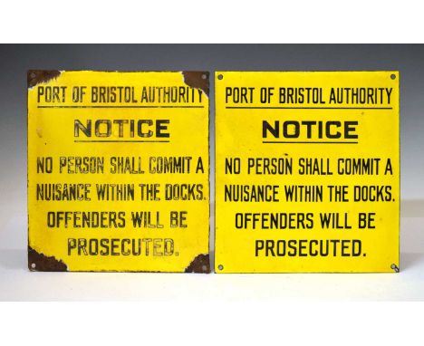 Bristol interest - Two 20th century Port of Bristol Authority enamel signs, 'No person shall commit a nuisance within the doc