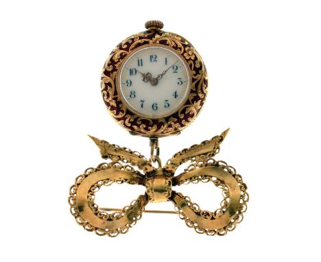 Swiss enamelled 18ct yellow gold fob watch with 18ct yellow gold ribbon and bow brooch surmount, gold foliate scroll decorati