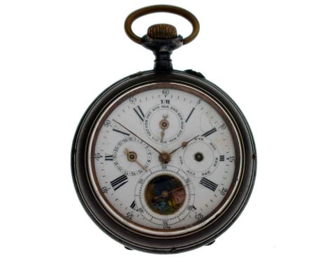 Early 19th century Cyrillic market base metal cased pocket watch, the white enamel Roman dial with four subsidiary registers 