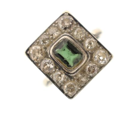Art Deco green tourmaline and diamond cluster ring, the rectangular mixed cut tourmaline measuring approx 5.6mm x 4.2mm x 3.0