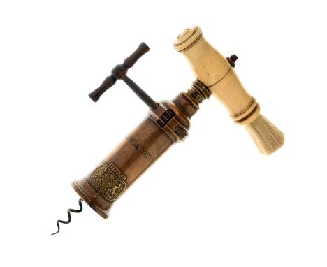 Early 19th century Thomason type wide rack double action corkscrew, possibly by Dowler, having a turned bone handle (lacking 