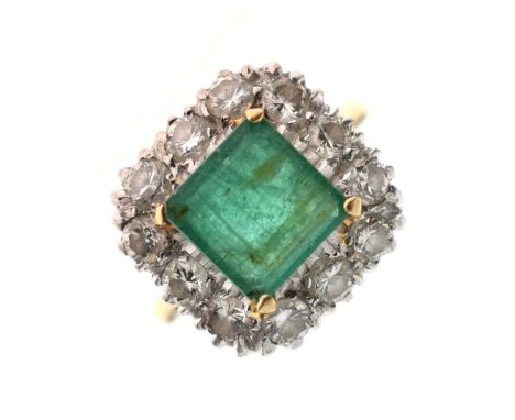 Emerald and diamond 18ct yellow and white gold square cluster ring, the square mixed step cut emerald measuring approx. 7.8mm