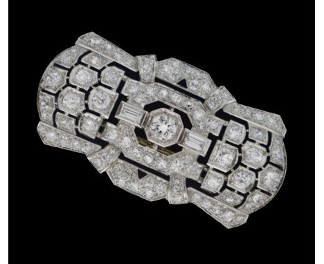 Art Deco diamond and platinum brooch, the principal round brilliant cut diamond to the centre measuring approx 4.70mm x 4.85m
