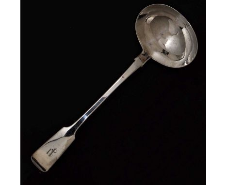 Late Victorian Irish silver fiddle pattern rat tail ladle, sponsor's mark of William Cummins, Dublin, 1870, 34cm long, 255g a