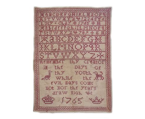 Mid 18th century needlework sampler dated 1765, worked in red silks on a linen ground with upper and lower case alphabetical 