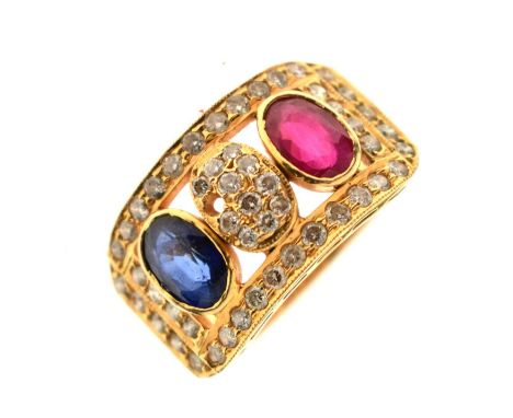 Ruby, sapphire and diamond Indian yellow metal ring, the ruby measuring approx 6.44mm x 4.32mm x 2.56mm and the sapphire meas
