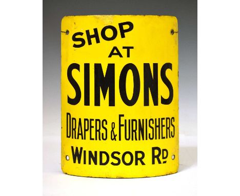 Advertising - Early 20th century curved enamel sign 'Shop at Simons, Drapers &amp; Furnishers, Windsor Rd', 30cm x 23cm