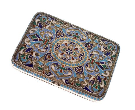Late 19th century Russian white metal and cloisonné enamel cigarette case of rectangular form decorated with stylised raised 