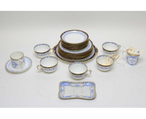 A Royal Crown Derby part blue printed tea service, each with gilt rims, comprising: cups, saucers, plates, bread and butter p