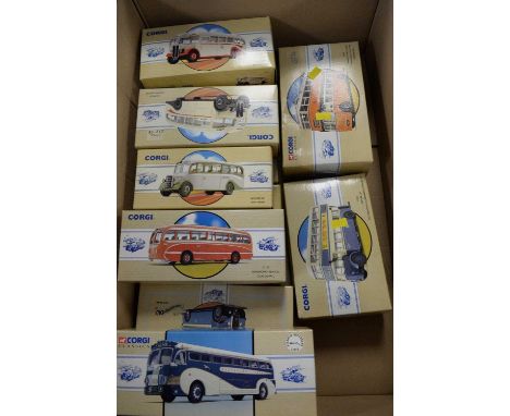 Eleven Corgi Classic diecast model vehicles of vintage buses, all boxed.