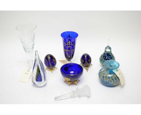 Decorative glassware including a vase by Mdina; two eggs by Peterhof; a glass by Faberge; a bottle stopper for Versace by Ros