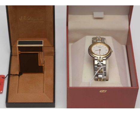 A lady's steel-cased wristwatch by S.J. Dupont, Paris, the baton dial with subsidiary date aperture, boxed and with certifica