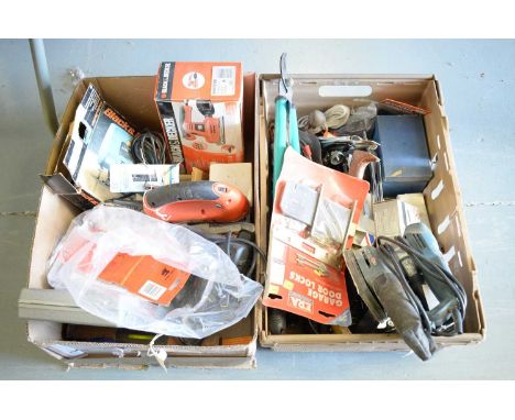 A selection of power tools by Bosch, Black &amp; Decker, and others, including: sanders, drills, blow torch, saw, and other i