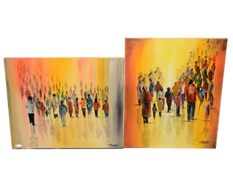 K* Richards - Figure studies, signed, oil on canvas, 49.5 x 59.5cms and 59.5 x 49.5cms, unframed. (2)