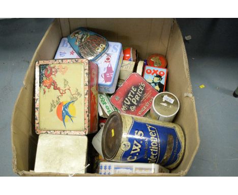 A selection of vintage and modern tins, brands to include: Oxo, McVities, Price, C.W.S. Superior Confectionery, Cerebos Table