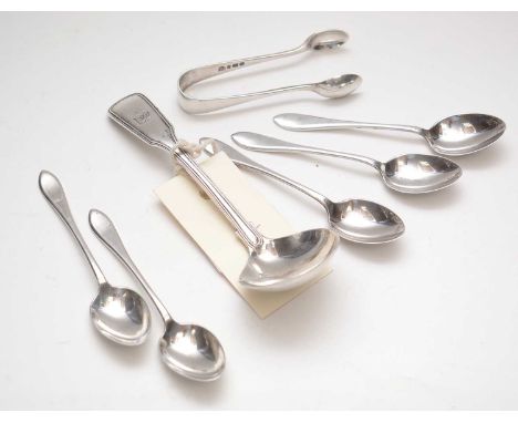 Five silver coffee spoons, by William Suckling; together with a pair of silver sugar tongs; and a small Victorian silver sauc