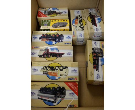 Eight Corgi Classics diecast model vehicles, commercial flatback trucks and tankers; and a Vanguard diecast Bedford tanker.