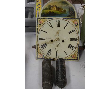 A 19th Century longcase clock dial and movement with weights, the hand-painted roman dial by W. Murray, Rothbury.