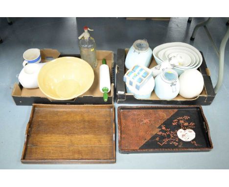 A selection of kitchenalia, including: storage jars and mixing bowls; a soda syphon; blue and white salt and pepper; Cornish 