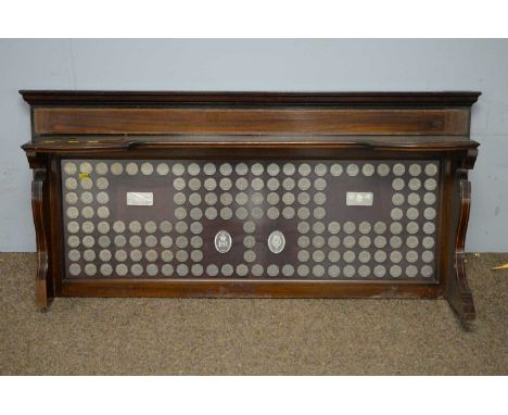 An Edwardian washstand back, with projecting cornice and single shelf, raised above a back section inset with a collection 19