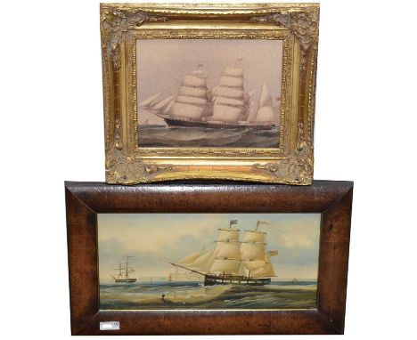 After Samuel Arlington - Sailing ships off a headland, with initials and inscription on a label verso, oil on panel, 19 x 39c