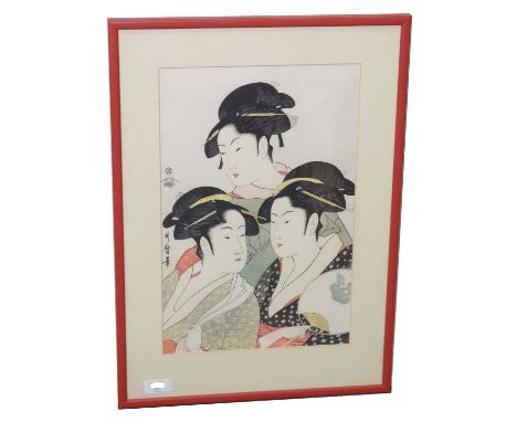 After Utamaro - 'Three Famous Beauties', original colour woodblock print by Takamizawa Ukiyoe Co. Ltd., 37.5 x 24.5cms, in re