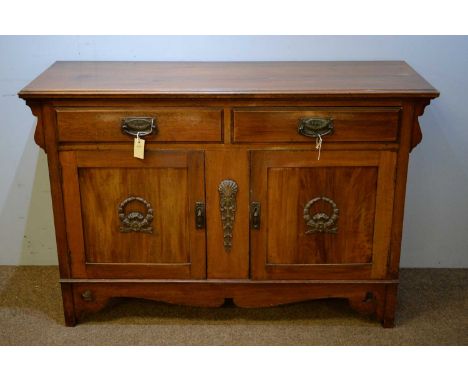 An early 20th Century mahogany dresser base, the rectangular top above two frieze drawers with a pair of panelled doors under