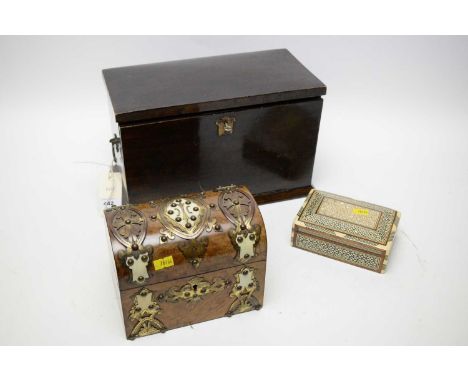 An early 20th Century stained wood letter writing box, the top opening to reveal letter compartments, drawers, the fall-front