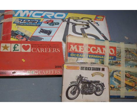 A collection of games and toys comprising: a Matchbox Vincent series Black Shadow; Parker Bros Careers board game; Meccano Oc