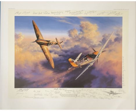 WWII Head to Head 26x21 inches colour print by the artist Nicolas Trudgian signed in pencil by 25 RAF pilots and 5 Luftwaffe 