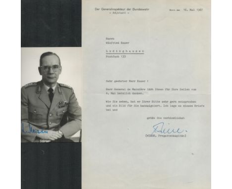 WWII General Ulrich de Maiziere signed 6x4 black and white photo and accompanying letter dated 16 MaI 1967. Karl Ernst Ulrich