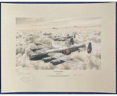 WWII Flt Lt Stevie Stevens and 2 others Signed Richard Taylor Colour Print Titled Out From Kirkby. Further Signed by the Arti