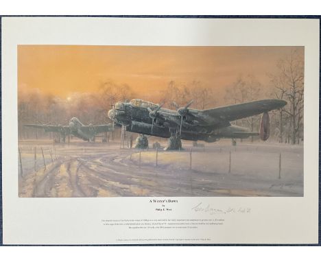 WWII F/O George Dunn DFC signed A Winter's Dawn 20x14 inch print by the artist Philip E. West. Good condition. All autographs