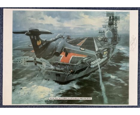 WWII Sgt Norman Bourne 101 Sqn Signed Michael Turner Printed Colour Print Showing Royal Navy Buccaneer Aircraft Landing on HM