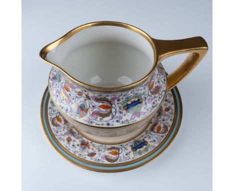 A beautiful Haviland France porcelain pitcher with matching underplate, hand-painted and decorated by Pickard Studios. The pi