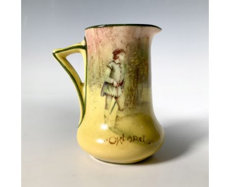 A cheerful yellow pitcher showcases a scene of a man standing amidst the serene beauty of the woods. Royal Doulton backstamp.