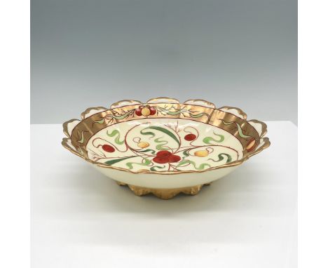 Elegant RC Malmaison porcelain footed bowl featuring intricate hand-painted floral and vine motifs in vibrant red, green, and