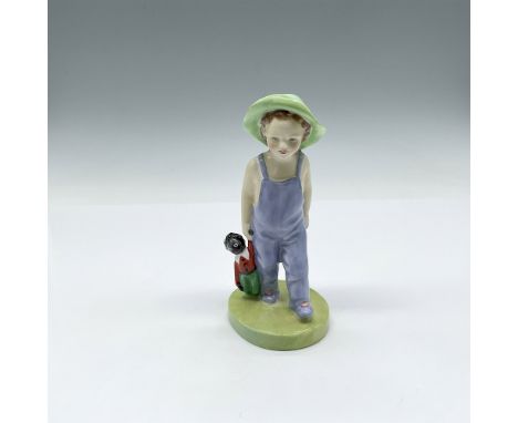Young figure, part of the Child Classics, wearing blue dungarees overalls carrying his rag doll. Royal Doulton backstamp. Art