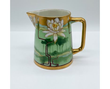 Elegant Pickard China hand-painted porcelain pitcher featuring a stunning Art Nouveau-inspired water lily motif. The vibrant 