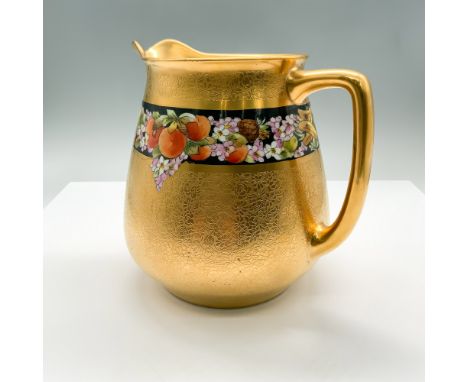 Elegant Pickard Bavaria porcelain pitcher featuring a hand-painted fruit and floral motif set against a striking gold backgro