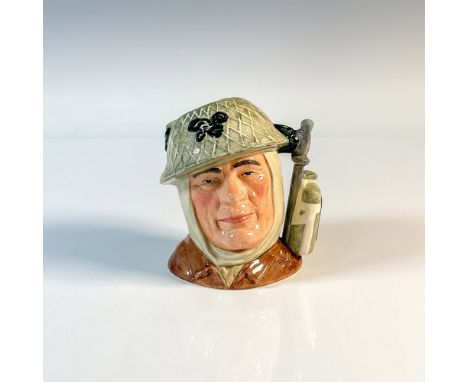 Style One, Variation One, desert rat patch on canteen. Army steel helmet with netting; khaki tunic. Royal Doulton backstamp. 