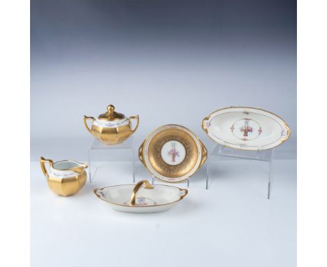 A beautiful 5-piece Pickard China hand-painted porcelain serving set, featuring a floral basket motif with pink roses and a b