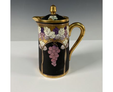 A beautifully hand painted Pickard lidded pitcher by renowned artist Robert Hessler, featuring a striking Art Nouveau inspire