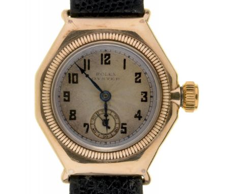 A ROLEX OYSTER 9CT GOLD LADY'S WRISTWATCH, CASE 3.1 CM DIAMETER, LEATHER STRAP++IN GOOD CONDITION, WITH LIGHT WEAR CONSISTENT