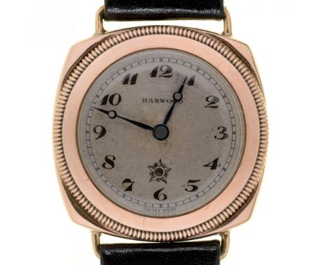 A HARWOOD 9CT GOLD SELF-WINDING LADY'S WRISTWATCH, CUSHION SHAPED, 3 CM EXCLUDING LUGS, LEATHER STRAP++WITH LIGHT WEAR CONSIS
