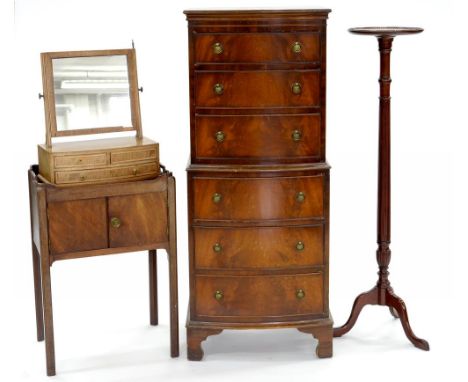 A VICTORIAN MAHOGANY NIGHT STAND, A VICTORIAN MAHOGANY BOW FRONTED DRESSING TABLE, TRIPOD TORCHERE AND BOW FRONTED TALLBOY