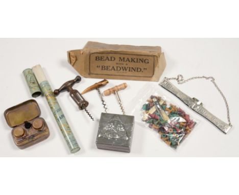 THREE VINTAGE CORKSCREWS, AN ARTS AND CRAFTS EMBOSSED PEWTER MOUNTED WOOD CIGARETTE BOX, A VICTORIAN LEATHER TRAVELLING INKWE